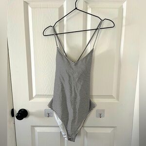 Aerie Gray and White Striped Swimsuit